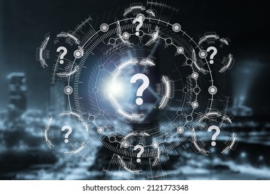 Abstract question marks interface on blurry night city background. Technology online help, problem solution concept.