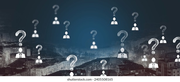 Abstract question marks interface on blurry night city