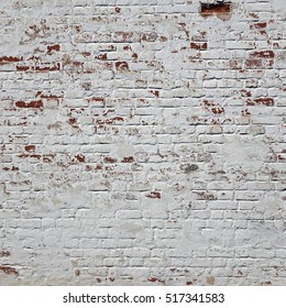 Abstract Rectangular Red White Texture. Old Red Brick Wall With Stained And Shabby Uneven White Plaster Layers. Painted Whitewashed Brickwall Grungy Background. Stonework Square Frame Grunge Wallpaper - Shutterstock ID 517341583