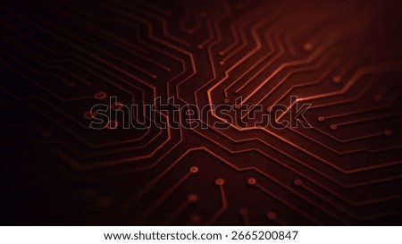 Abstract red circuit board pattern with blurred background suggesting electronics or technology, evoking a futuristic data system used in smart devices and AI hardware