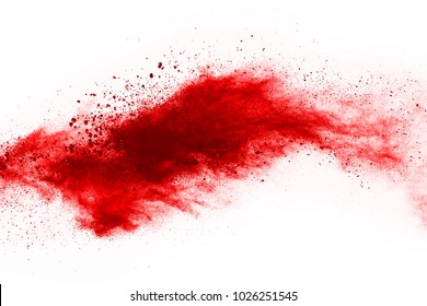 Abstract Red Dust Explosion On White Background. Abstract Red Powder Splatted On White Background, Freeze Motion Of Red Powder Exploding.