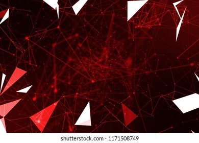 abstract red geometrical plexus flowing movement on black background with lines and dots