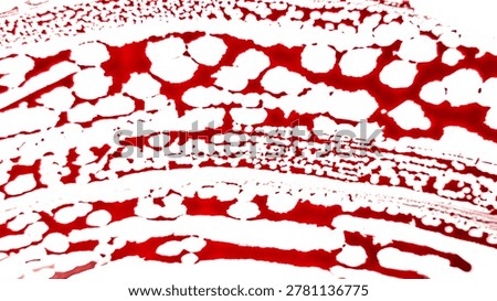 Abstract red liquid splatter on white background, featuring bubbly textures and organic patterns. Ideal for medical or artistic concepts.
