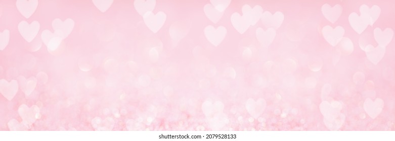 Abstract Red Pink Heart Glitter Light Bokeh Holiday And Festive Party Background. Love Sentiment And St Valentine's Day Concept Backdrop Banner With Copy Space