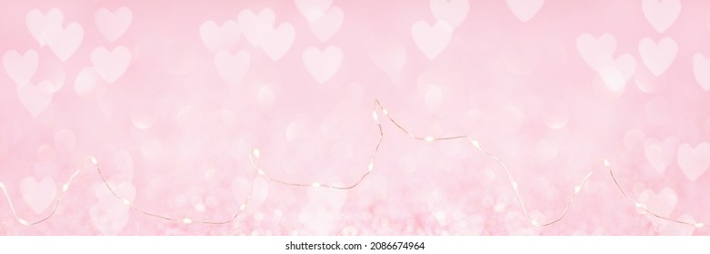 Abstract Red Pink Heart Glitter Light Bokeh Holiday And Festive Party Background. Tender Wire Lights String. Love Sentiment And St Valentine's Day Concept Backdrop Banner With Copy Space