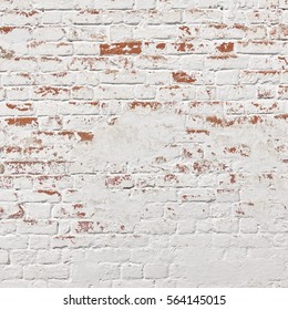 Abstract Red White Stonewall Urban Texture. Old Red Brick Wall With Shabby Damaged White Plaster.  Painted Whitewashed Brickwall Grungy Background. Stonework Square Frame Grunge Empty Wallpaper. - Shutterstock ID 564145015