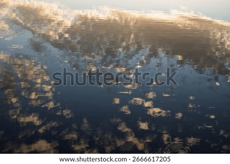 Abstract reflection of golden clouds on calm lake surface with circular ripples from falling drops.