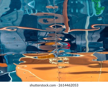 Abstract reflection on a metallic surface with distorted shapes and colors.