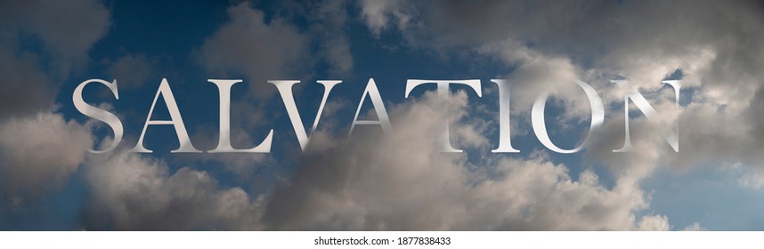 Abstract religious concept. Salvation in the air. Symbolic word inscibed amongst clouds on a dark blue sky.