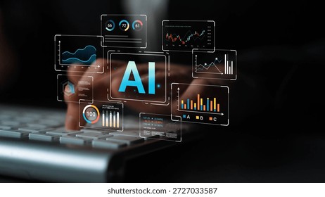 Abstract representation of artificial intelligence concept with data visualization, graphs, statistics, and hands typing on keyboard in modern workspace Gluon.