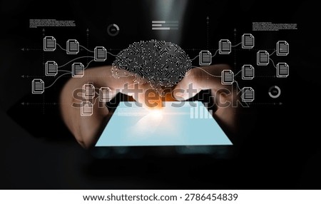 Abstract representation of artificial intelligence and data analysis with digital brain and documents on touchscreen interface in dark background