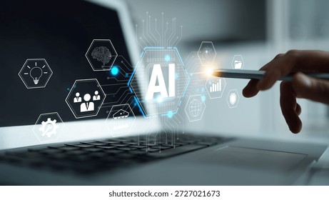 Abstract representation of artificial intelligence technology interacting with a laptop, showcasing innovative software icons and concepts in a modern workspace environment Quark.