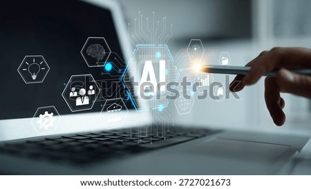 Abstract representation of artificial intelligence technology interacting with a laptop, showcasing innovative software icons and concepts in a modern workspace environment Quark.