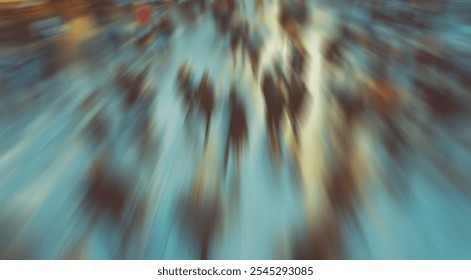 An abstract representation of a busy urban crowd in motion. The blurred figures and vibrant colors create a sense of energy and life in the city. Perfect for illustrating urban dynamics. - Powered by Shutterstock