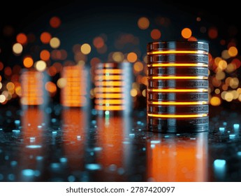 Abstract representation of data servers with glowing orange lights, symbolizing technology and information storage.