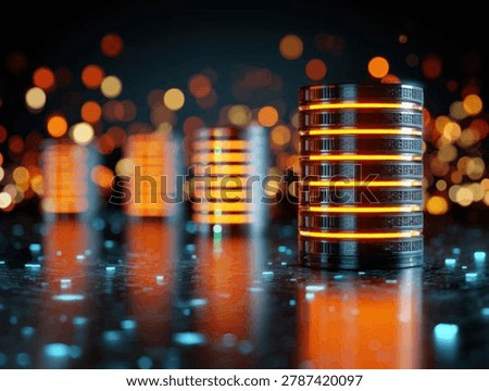 Abstract representation of data servers with glowing orange lights, symbolizing technology and information storage.