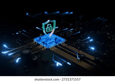 Abstract representation of hardware-level security. Glowing light trails connect to a central processor protected by a digital padlock icon, symbolizing encrypted data and secure technology.