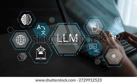 Abstract representation of Large Language Model with technology icons and human interaction on digital workspace, showcasing AI innovations and data analysis tools Gluon.