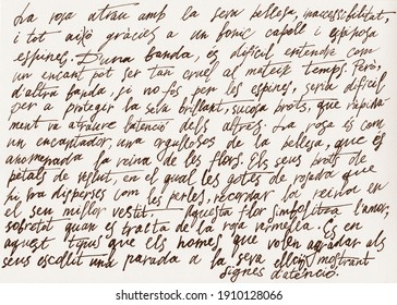 Abstract retro unreadable brown ink-written text.Old manuscript letter with vintage handwriting calligraphy texture.Grungy textured paper background.Scrapbook inscription design template.Lettering. - Shutterstock ID 1910128066