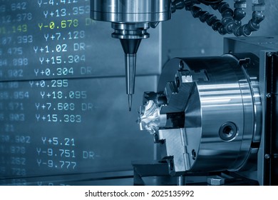 The Abstract Scene 4-axis  Machining Center Cutting The Turbocharger Parts With G-code Data Back Ground. The Hi-precision Automotive Parts Manufacturing Process By Multi-axis CNC Milling Machine.