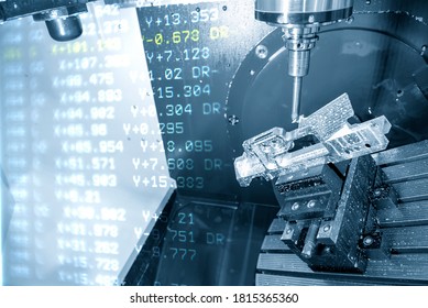 The Abstract Scene Of 5 Axis CNC Machining Center Cutting The Aerospace Parts With Solid Ball End-mill Tools. The Hi-technology Aerospace Part Manufacturing Process By 5 Axis CNC Milling Machine.