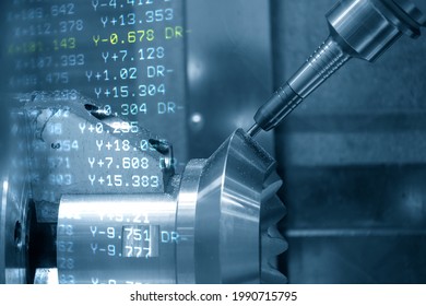 The Abstract Scene 5-axis  Machining Center Cutting The Automotive Parts With G-code Data Back Ground. The Hi-precision Automotive Manufacturing Process By Multi-axis CNC Milling Machine.