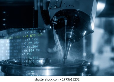 The Abstract Scene 5-axis  Machining Center Cutting The Magnesium Alloy Wheel Parts With G-code Data Back Ground. The Hi-precision Automotive Manufacturing Process By Multi-axis CNC Milling Machine.