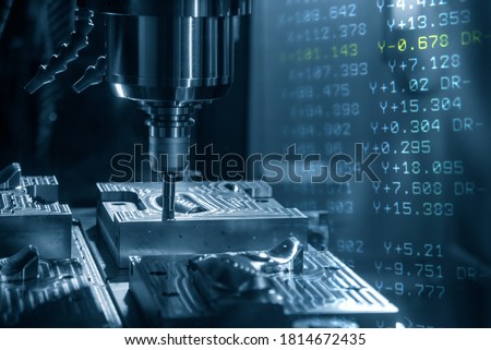 Abstract scene of CNC milling machine and G-code data background. The hi-technology mold and die manufacturing concept by machining center.