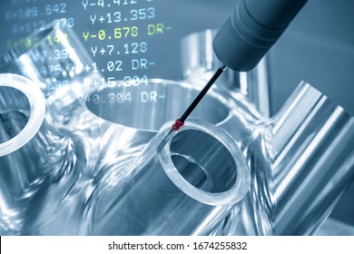 The Abstract Scene Of Multi-axis CMM Machine  Measure Dimension Of Jet Engine Nozzle  Parts. The Quality Control Process  Of Aerospace Parts  By Multi-axis Coordinate Measuring Machine With Probe.