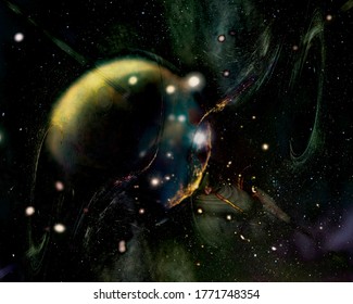 Abstract sci fi space background with gas planet between sparkling stars. Elements of this image furnished by NASA.