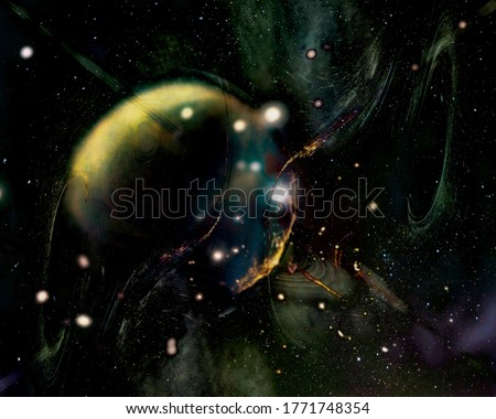 Abstract sci fi space background with gas planet between sparkling stars. Elements of this image furnished by NASA.