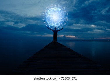 Abstract science, circle global network connection in hands on night sky background / soft focus picture / Blue tone concept - Shutterstock ID 713054371