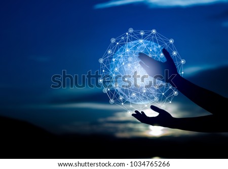 Abstract science, circle global network connection in hands on night sky background  / Blue tone concept