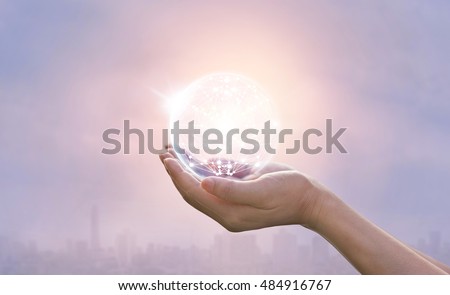 Abstract science, circle global network connection in hands on city pastel background