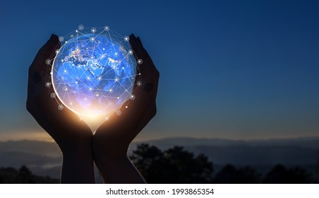 abstract science global circle network connection in hands on night sky background blue tone concept
