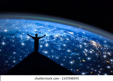 Abstract science,  global network connection on night earth background / soft focus picture / Blue tone concept / Borderless communication concept - Powered by Shutterstock