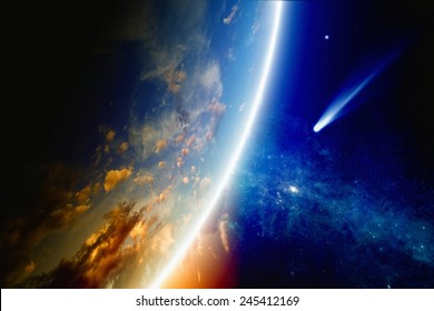 Abstract Scientific Background - Comet Approaches Glowing Planet Earth, Nebula And Stars In Space. Elements Of This Image Furnished By NASA Nasa.gov