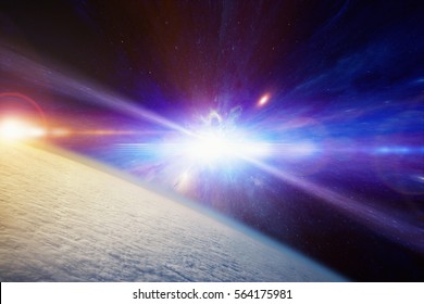 Abstract scientific background - planet Earth covered with clouds, catastrophic stellar explosion of supernova. Elements of this image furnished by NASA.