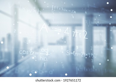 Abstract scientific formula hologram on empty classroom background. Multiexposure - Powered by Shutterstock - Get 15% off with code: PIKWIZARD15
