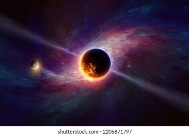 Abstract scientific image, glowing exoplanets in deep space on background of spiral galaxy. Exoplanet or extrasolar planet is planet outside Solar System. Elements of this image furnished by NASA. - Shutterstock ID 2205871797