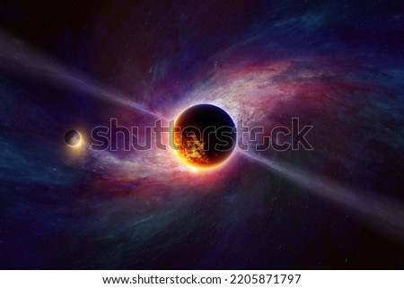 Abstract scientific image, glowing exoplanets in deep space on background of spiral galaxy. Exoplanet or extrasolar planet is planet outside Solar System. Elements of this image furnished by NASA.