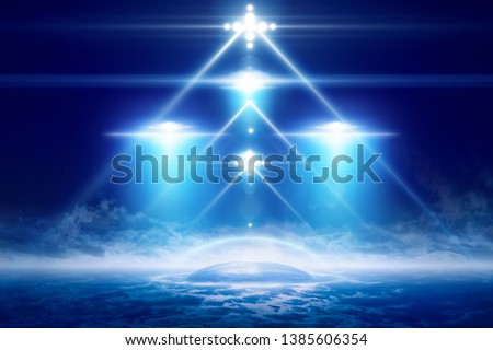 Abstract sci-fi background - aliens space ship above colony under dome, scientific experiment with teleportation to another world or dimension, time machine concept. Mixed media image.