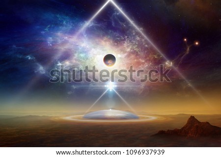 Abstract sci-fi collage - aliens space ship above aliens colony on planet Earth, twisted galaxy, scientific experiment with teleportation to another world. Elements of this image furnished by NASA