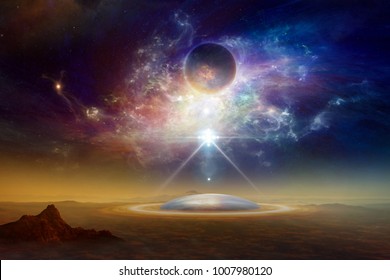 Abstract sci-fi collage with twisted galaxy, dark planet, aliens space ship above aliens colony on planet Earth, scientific experiment with teleportation. Elements of this image furnished by NASA