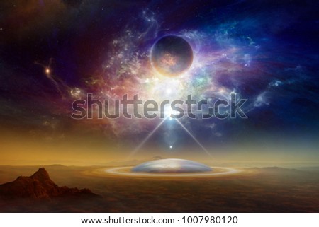 Abstract sci-fi collage with twisted galaxy, dark planet, aliens space ship above aliens colony on planet Earth, scientific experiment with teleportation. Elements of this image furnished by NASA