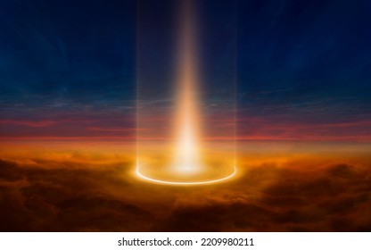 Abstract sci-fi image: bright glowing beam of light shines from dark red clouds into night blue sky, looks like teleport, extraterrestrial source of light - Shutterstock ID 2209980211