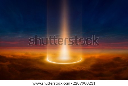 Abstract sci-fi image: bright glowing beam of light shines from dark red clouds into night blue sky, looks like teleport, extraterrestrial source of light