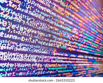 Abstract screen of software. Background matrix style. IT specialist workplace. Blurred screen with selective focus. Programming html application code running down a computer screen