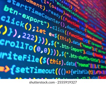 Abstract screen of web developer. Blue background with computer digital binary code bit number one and zero text. Blue unique background. Real programmer monitor and screen. Blockchain concept.