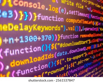 Abstract screen of web developer. Datacenter backup. Failed reading data. Software development monitor. Fundamental and technical analysis concept. Sale  tagcloud. Coding concept.